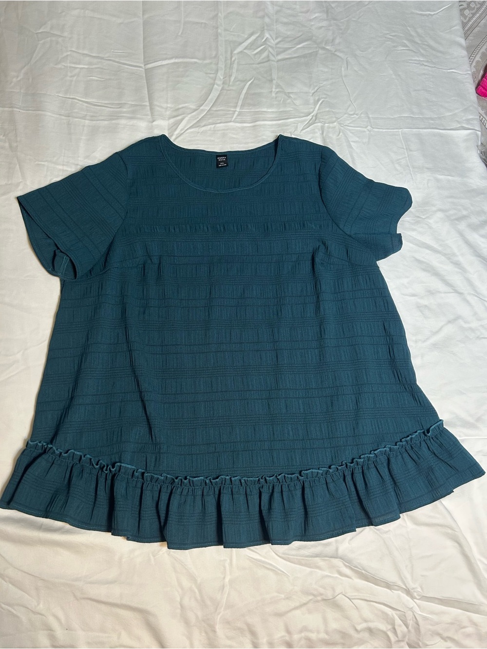 Textured Teal Ruffle-Hem Short Sleeve Blouse